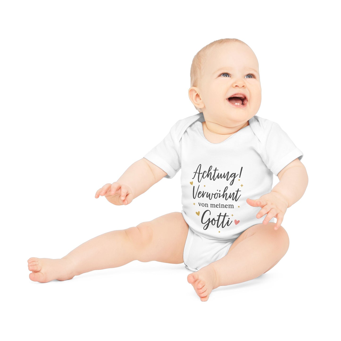 Baby Body „Achtung! Verwöhnt von meinem Gotti“ – Bio-Baumwolle, elegantes Design in Schwarz-Gold mit Herz