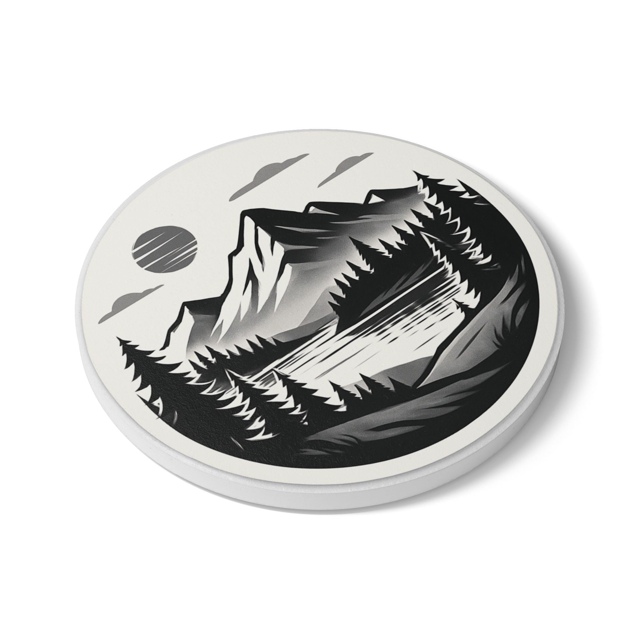 Ruhezone – Runder Untersetzer mit Berg- & Waldmotiv