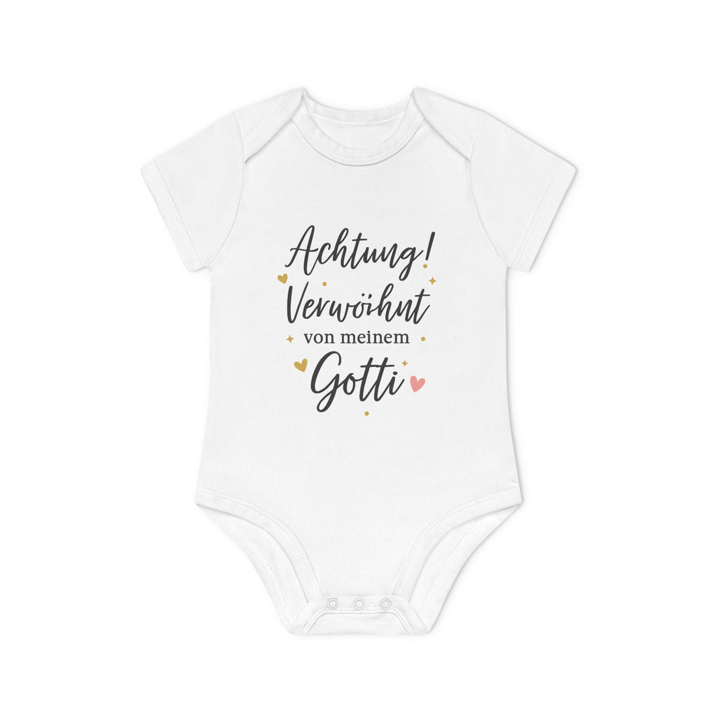 Baby Body „Achtung! Verwöhnt von meinem Gotti“ – Bio-Baumwolle, elegantes Design in Schwarz-Gold mit Herz