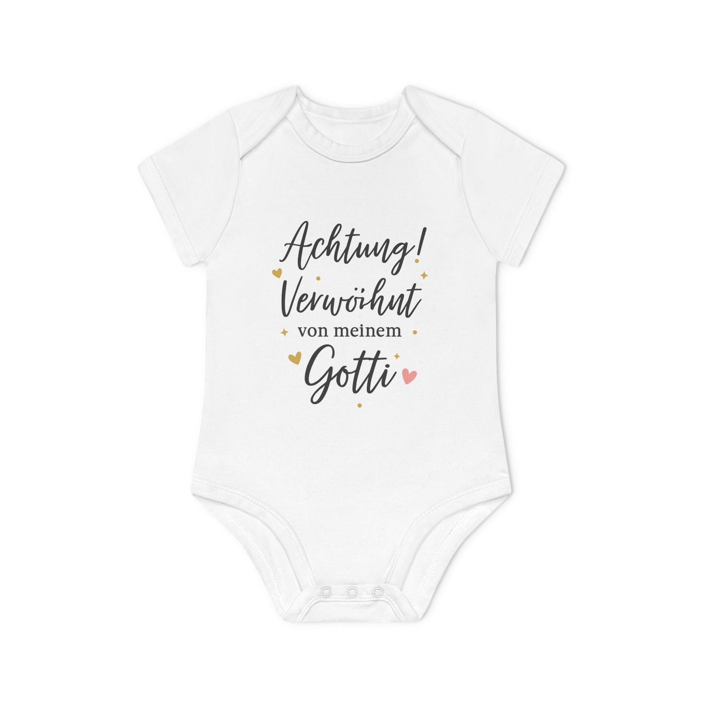 Baby Body „Achtung! Verwöhnt von meinem Gotti“ – Bio-Baumwolle, elegantes Design in Schwarz-Gold mit Herz