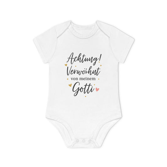 Baby Body „Achtung! Verwöhnt von meinem Gotti“ – Bio-Baumwolle, elegantes Design in Schwarz-Gold mit Herz