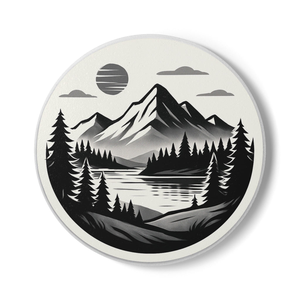 Ruhezone – Runder Untersetzer mit Berg- & Waldmotiv