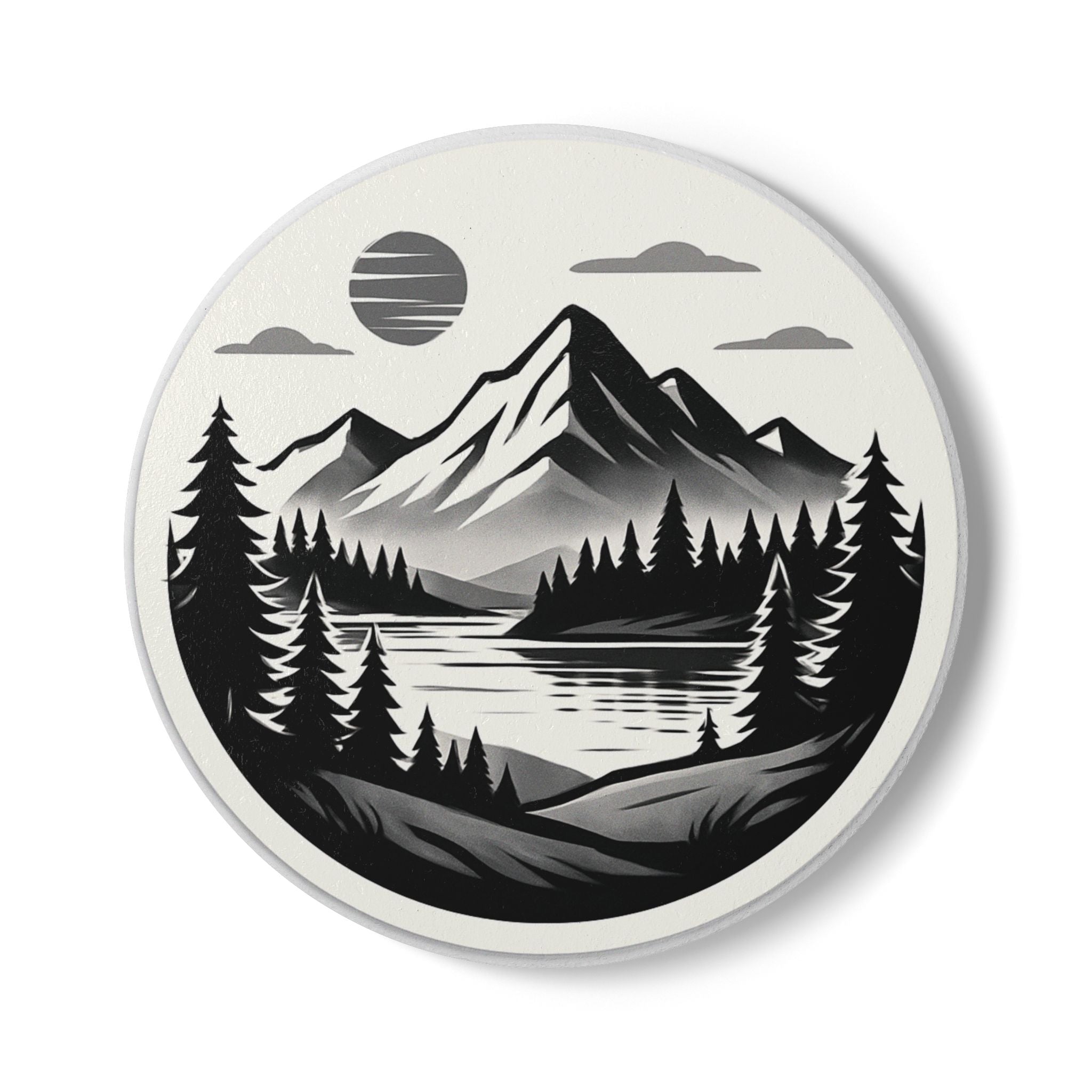 Ruhezone – Runder Untersetzer mit Berg- & Waldmotiv