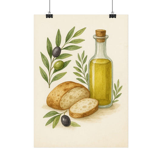 Wandbild Oliven, Brot & Öl